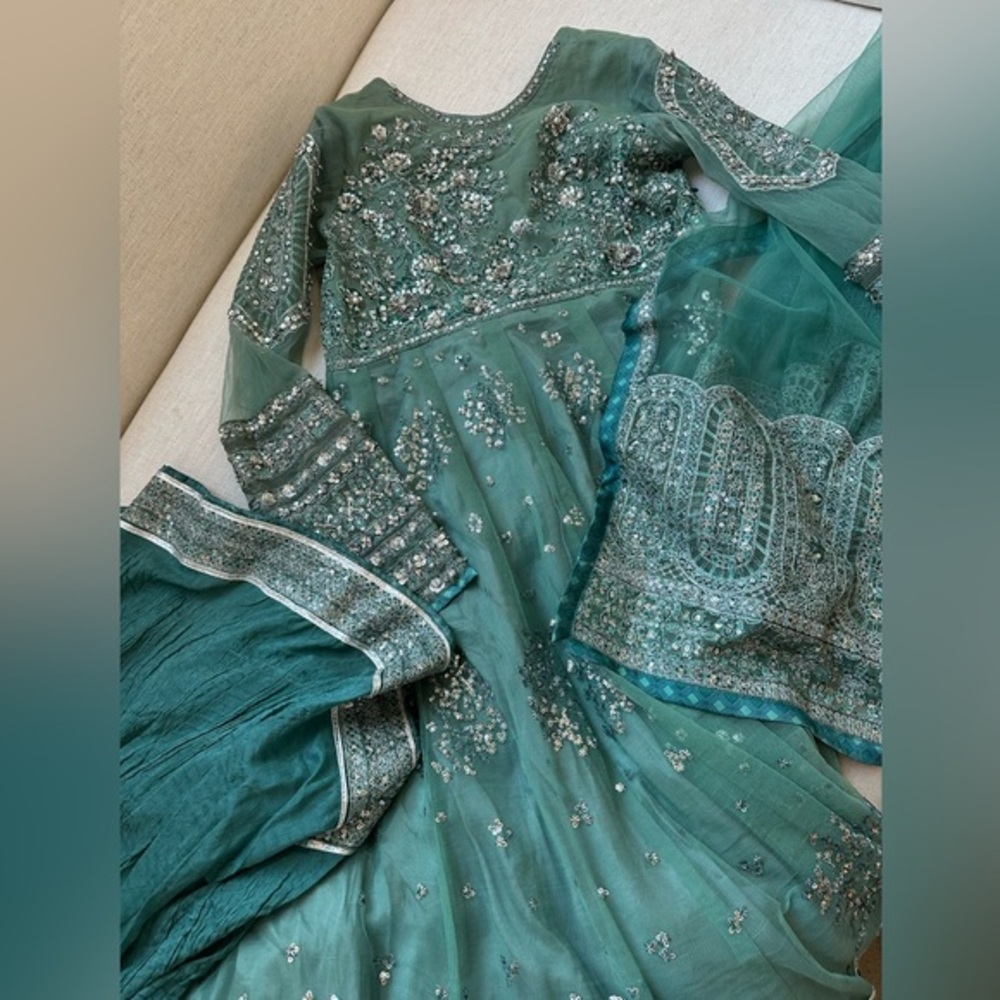 Hussain Rehar Safeena Teal Blue Pishwas Dress - Picture 7 of 8